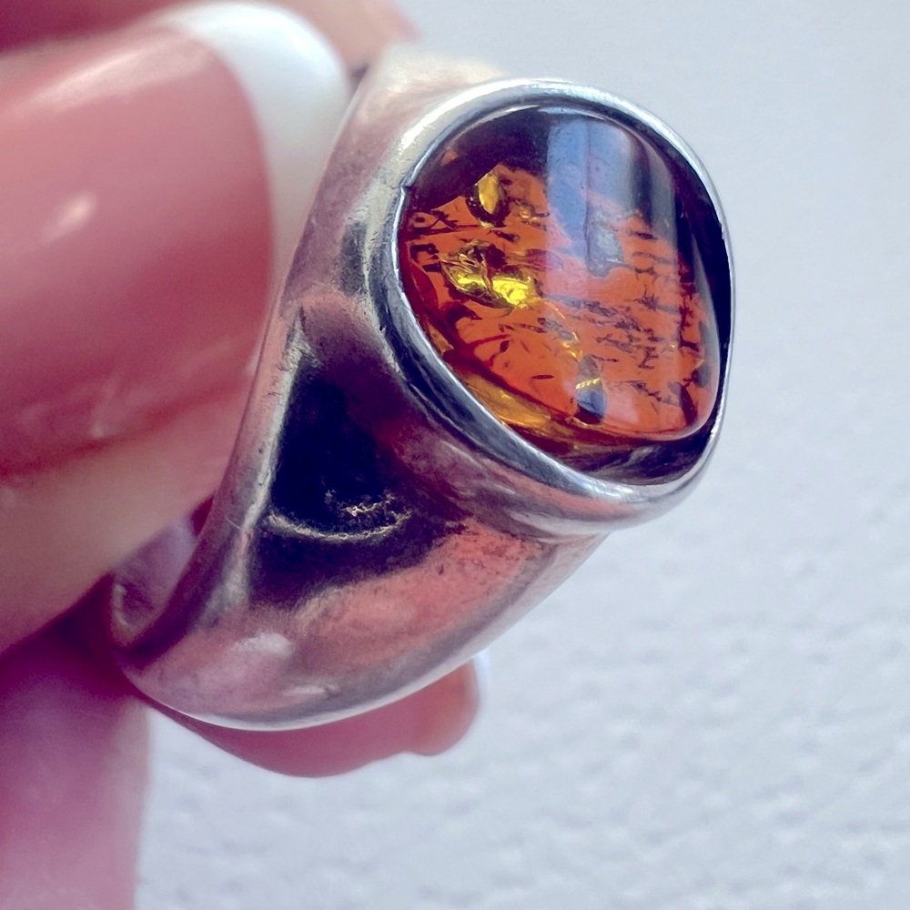 Vintage Sz 6 Natural Baltic Amber Modernist 925 Sterling Silver Ring Stunning